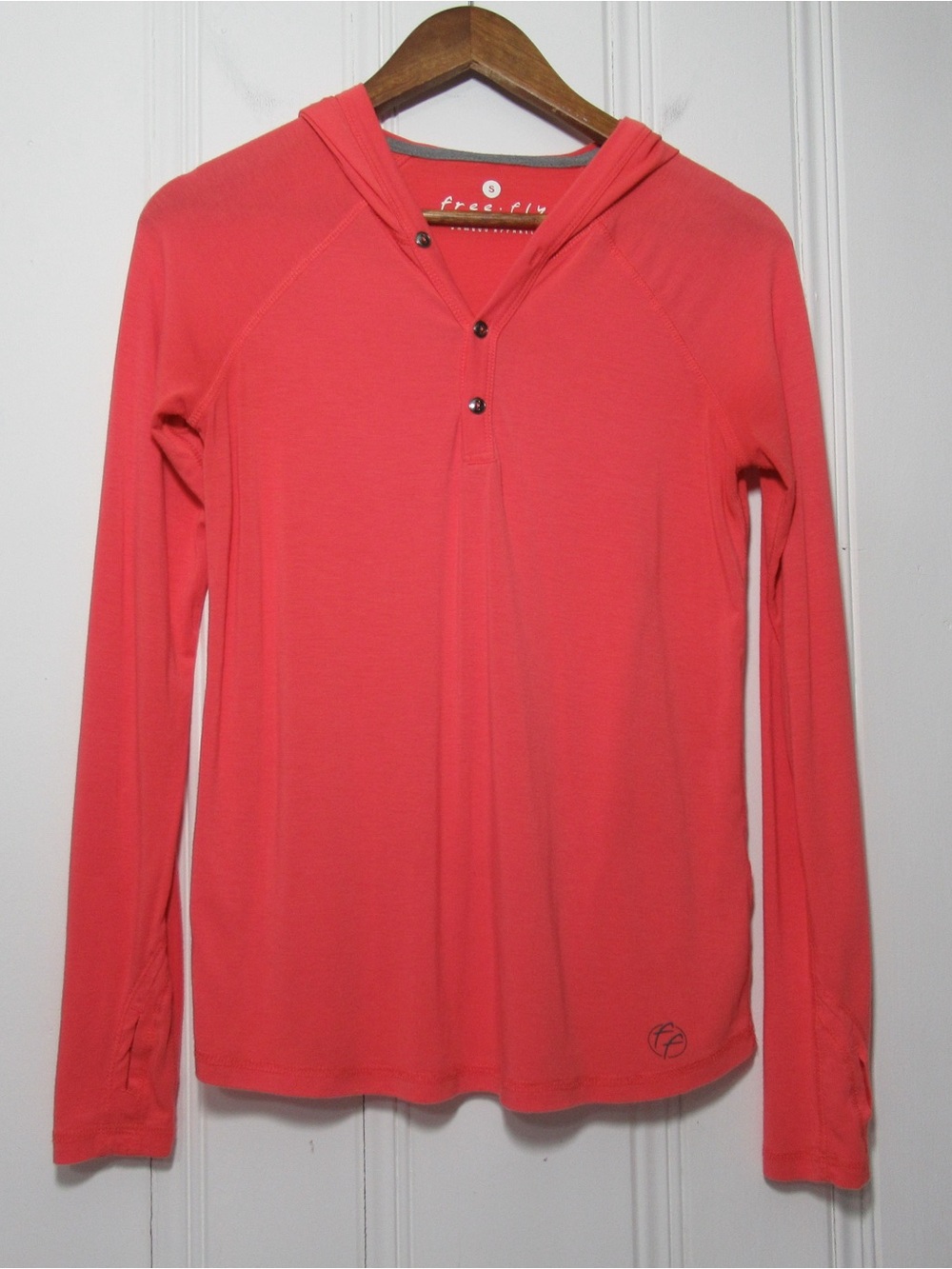Free Fly Performance Bamboo Coral Long Sleeve Hooded Henley Top Size Small